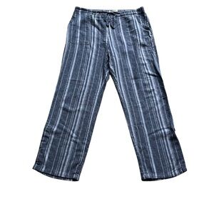 Ellen Tracy Sz L Gray Blue Stripe Linen Blend Pull-on Pants Elastic Drawstring